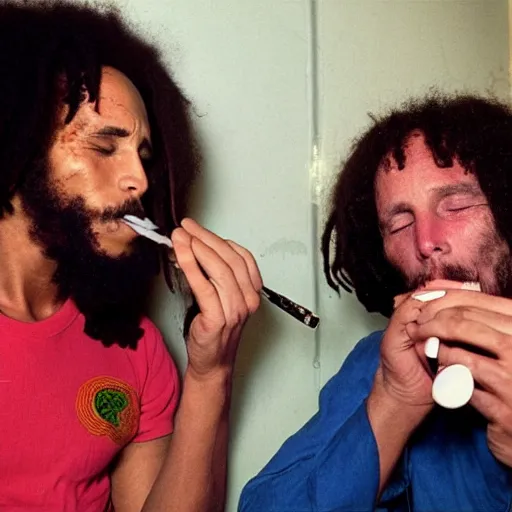 Image similar to photography of bob Marley smoking with Jim Morrison