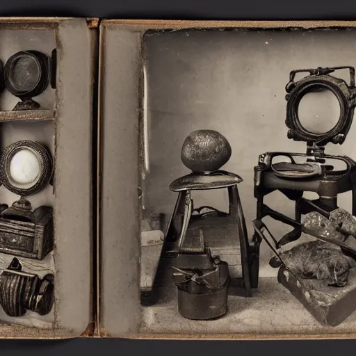Prompt: Tintype photograph of objects displayed in an ethnographic museum, primitive display, anthropology of wonder, exotic meaning, in the style of Marcel Duchamp, found objects, ready-made, 1920s studio lighting.