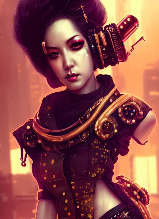 Prompt: soft lustrous seductive ebony geisha raver gutter punk steampunk cyborg, golden ratio, details, scifi, fantasy, cyberpunk city, intricate, decadent, highly detailed, octane render, digital painting, artstation, concept art, sharp focus, illustration, art by artgerm, loish, wlop