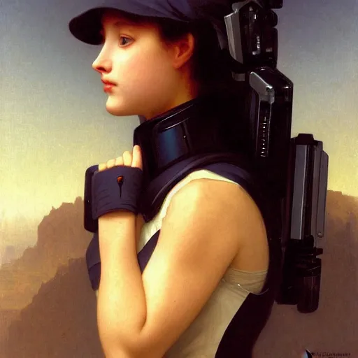 Image similar to a beautiful portrait of a space bounty hunter by william - adolphe bouguereau trending on artstation