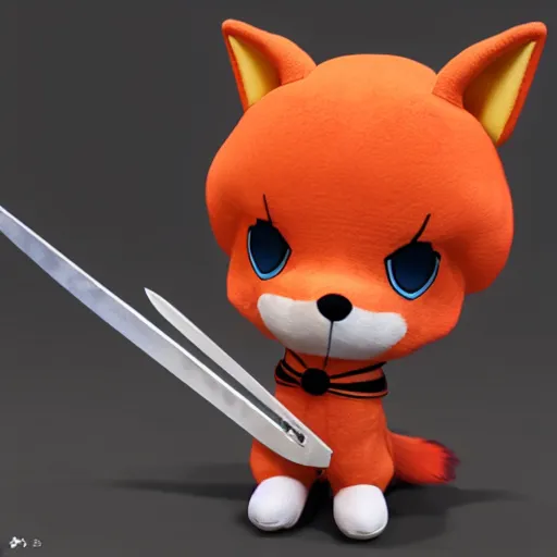 Prompt: cute fumo plush of a foxboy with a sword, three point lighting, dramatic, vray