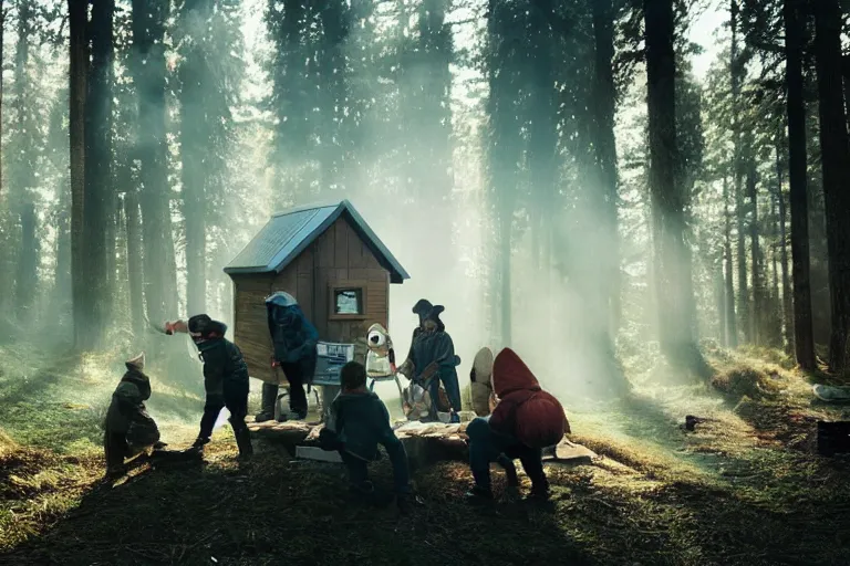 Prompt: movie scene portrait closeup, real life team of tiny gnome people building a tiny house in the forest natural lighting by emmanuel lubezki