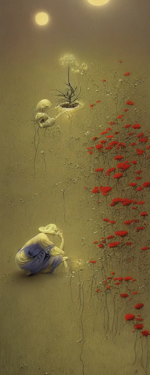 Prompt: a golemn tending to a sad dying flower, zdzislaw beksinski, arthur rachham, interior, 8 k, artstation