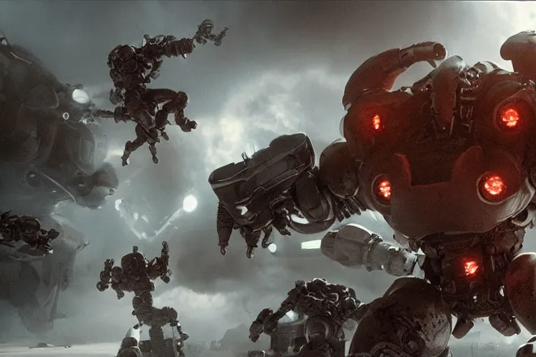 Prompt: VFX movie of futuristic cybernetic beast monsters fighting space marines lunging by Emmanuel Lubezki