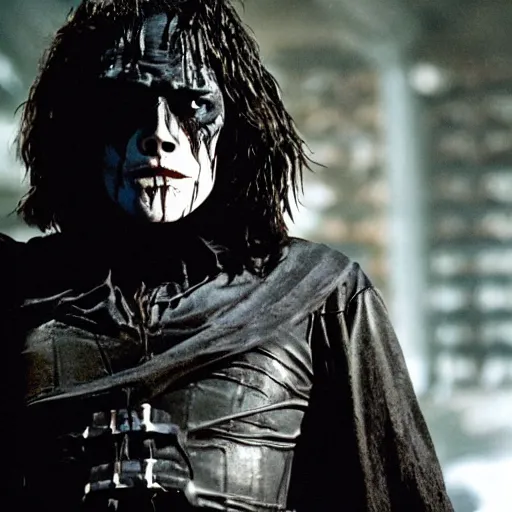 Prompt: Willem Dafoe as the crow, film still from the crow, detailed, 4k