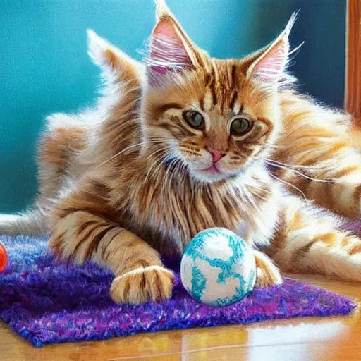 Image similar to cream color maine coon cat chasing a cat-toy-ball in a sunlit bedroom, hardwood floors with a colorful tattered old throw rug, bay window sofa in the background, fun, energetic, amusing, cute, funny, in style of Robert Hagan, trending on art station