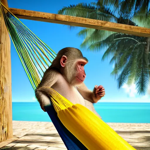 Prompt: digital art of a monkey laying in a hammock eating a banana, octane render, 8 k render, saturated, dynamic lighting