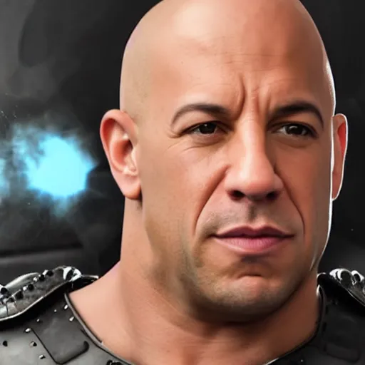Prompt: highly detailed octane render of a close up portrait of Vin Diesel wearing a shirt and armour and screaming in a old school television