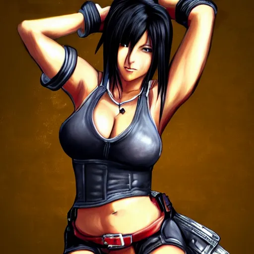 Prompt: high quality portrait of tifa lockhart, detailed background, trending on artstartion