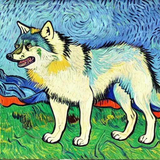 Image similar to painting of retarded wolf, vivid colors, van gogh