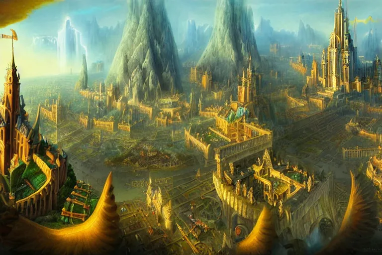 Image similar to a beautiful stunning insanely detailed fantasy matte painting of a magical mythical city buzzing with activity by Heironymous Bosch and Jim Burns