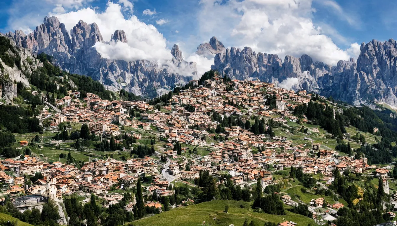 Prompt: an italian town in the dolomites mountains, volcanic eruption