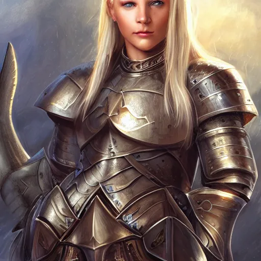 Image similar to fantasy RPG symmetrical portrait, centered shoulders up view, young blonde woman, blonde hair, blue eyes, iron plate armour, pale skin, 4k, by Marc Simonetti, highly detailed, soft lighting 8k resolution