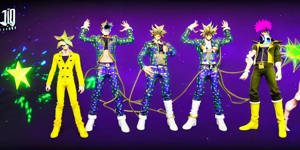 Image similar to jojo's bizarre adventure : golden wind, unreal engine 5, render, ray tracing background full of spray painted, jester plushies, crosses, and shinning stars, holography, irridescent