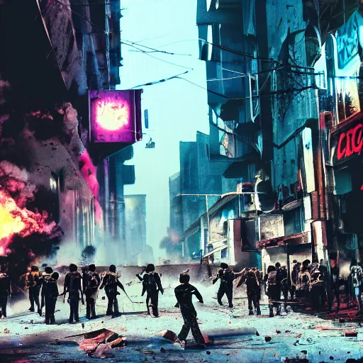 Image similar to photograph of a riot in a cyberpunk city street