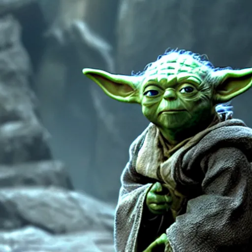 Image similar to Yoda on the set of Lord of the Rings, highly detailed, high quality, HD, 4k, 8k, Canon 300mm, professional photographer, 40mp, lifelike, top-rated, award winning, realistic, sharp, no blur, edited, corrected, trending