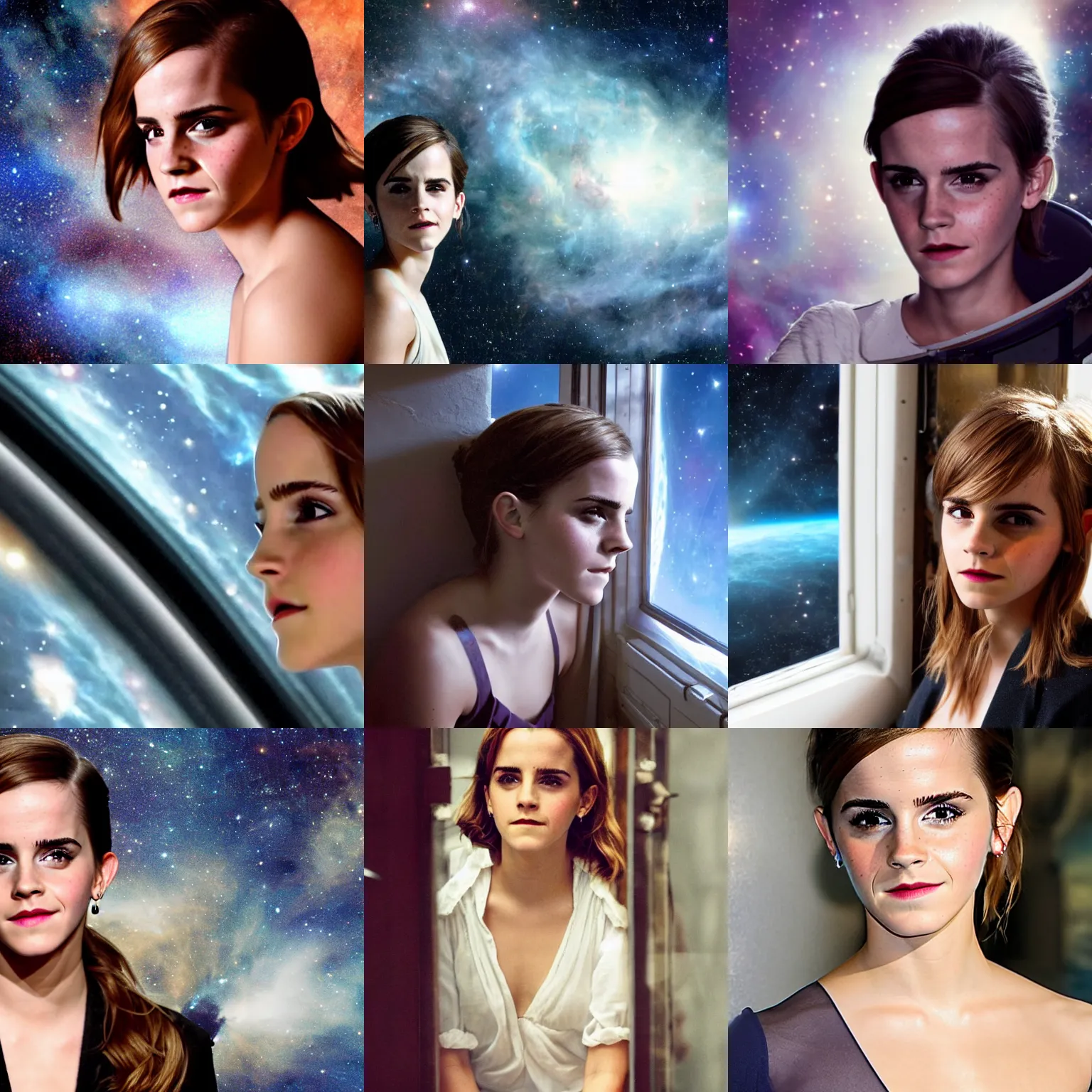 Prompt: emma watson looks out of a window in outer space, looking at a nebula