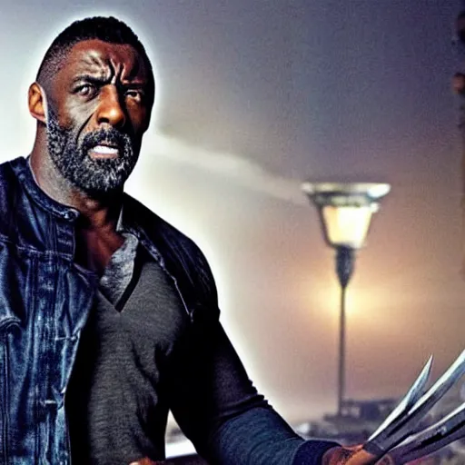 Image similar to film still of Idris Elba as Logan with adamantium claws as Wolverine in new X-Men movie, cinematic