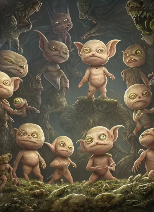 Prompt: highly detailed wide - angle group portrait of cute extraterrestrial goblins in their favorite moonbase, unreal engine, nicoletta ceccoli, mark ryden, earl norem, lostfish, global illumination, detailed and intricate environment