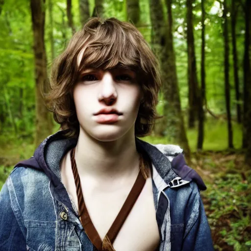 Image similar to a teenage boy, around 1 9 yo. choker necklace. natural brown hair. loincloth, pale skin. detailed face. ominous and eerie looking forest i'm background. natural colors.