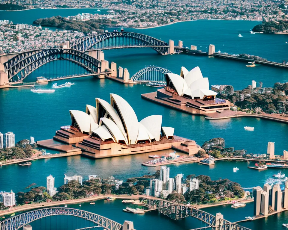 Image similar to sydney opera house and harbour bridge lego town, 3 5 mm lens, shallow dof, cinematic, photo, 4 k, detailed, tiny