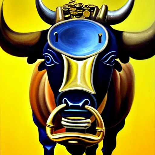 Image similar to a painting of a bull with a gold coin on its back, cyberpunk art by Salvador Dalí, featured on cg society, fantasy art, #myportfolio, official art, poster art