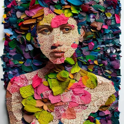 Image similar to a portrait of a woman constructed from flower petals, layered composition, layers, texture, mcu, newspaper, highly textured, layered, sculpted, dynamic,