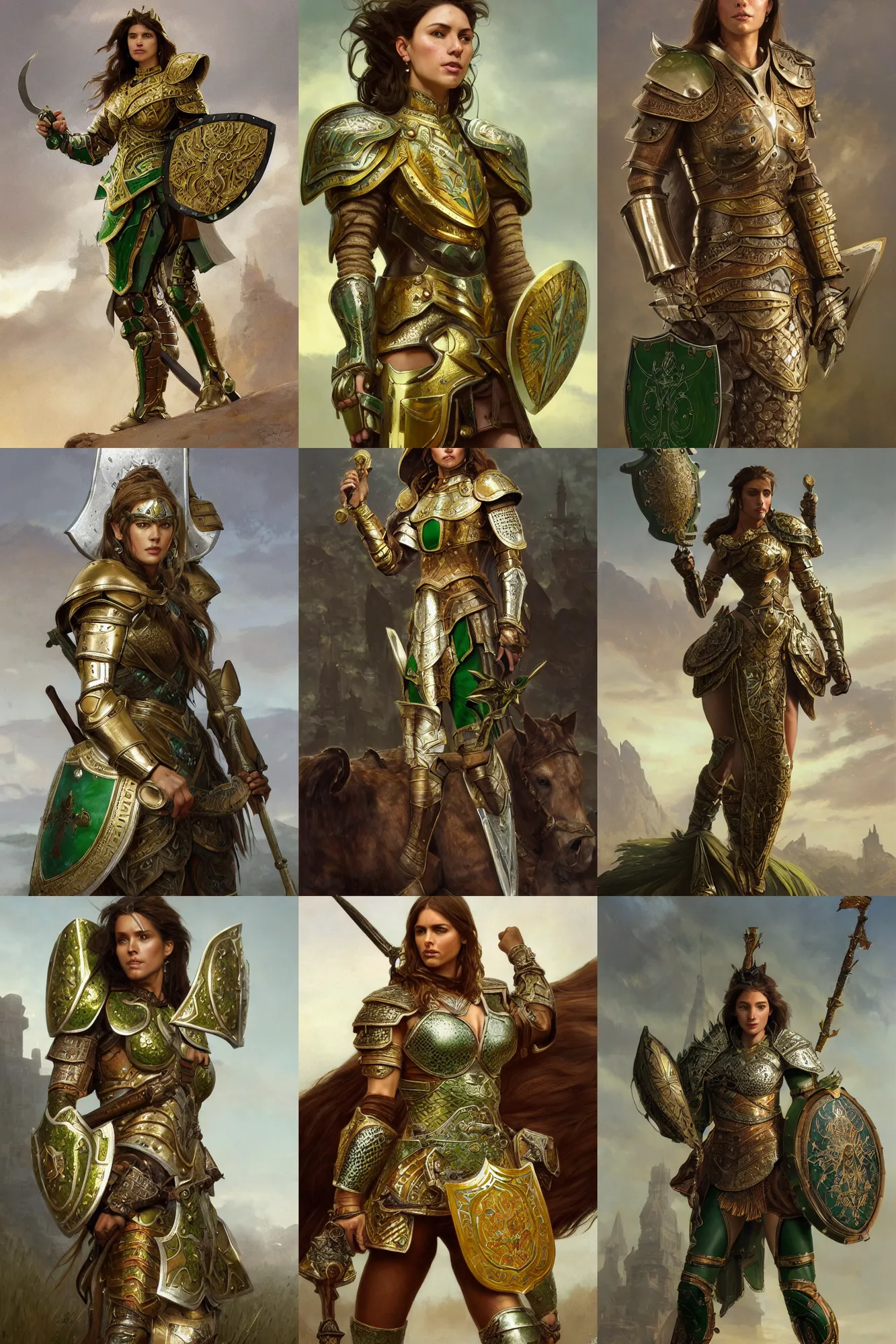 Prompt: full body portrait of a rugged tanned female warrior medium length brown hair and a very highly detailed face wearing elegant white, green and gold plate mail armor intricately painted, holding a tower shield, very highly detailed, artstation, cgsociety, realistic character concept art, sharp focus, by greg rutkowski, and alphonse mucha
