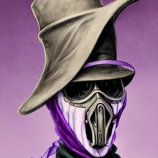 Image similar to mediaeval plague doctor wearing a top hat with a purple ribbon, intricate, epic, highly detailed, digital painting, artstation, concept art, smooth, sharp focus, illustration, unreal engine 5, 8 k, art by artgerm and greg rutkowski and alphonse mucha