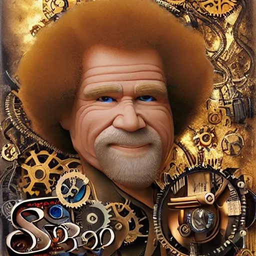 Image similar to Bob Ross as a clockwork robot steampunk style, highly detailed, intricate, various gears, studio lighting, award winning, by Chris Cole, Ken Draim, David Bowmen