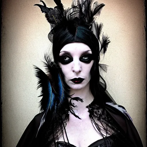 Prompt: portrait soft light, goth woman as mysterious supervillain and and black veil and modestly clothed victorian goth, black feathers instead of hair, black wings instead of arms, gray mottled skin, black feathers growing out of skin, transforming, by tim burton and brian froud, inspired by flash gordon, paintbrush, rough paper, fine,
