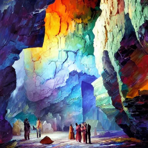 Image similar to A huge cave full of rainbow color crystals and gems on the ground, and stuck to the walls made of huge grey boulders, very dark, midnight, oil painting by Afremov and Greg Rutkowski.