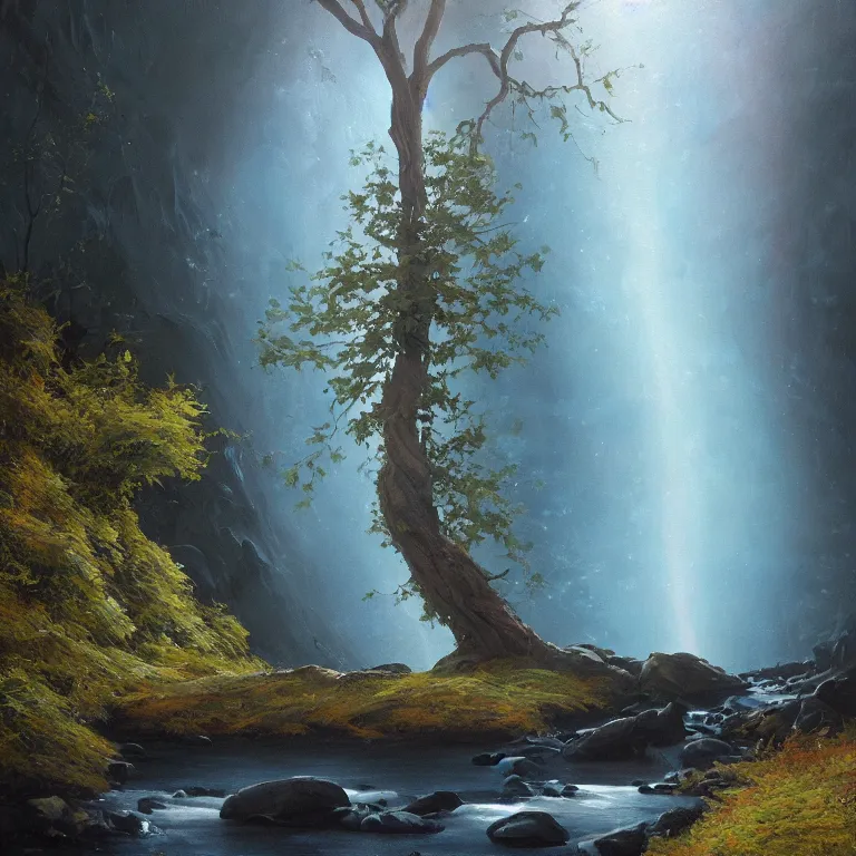 Image similar to A beautiful, highly detailed, very realistic oil painting of a single tree with rainbow leaves, next to a small river, glowing bright blue in the middle of a huge, very dark cave, with lots of dark grey rocks, oil painting by Greg Rutkowski.