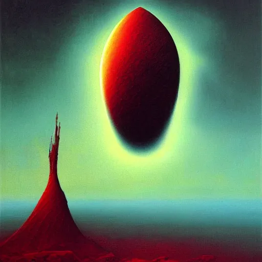 Image similar to long shot of among us red astronaut space ship in the background, amogus, art by zdzislav beksinski, high quality, dark hues, higly detailed, oil painting