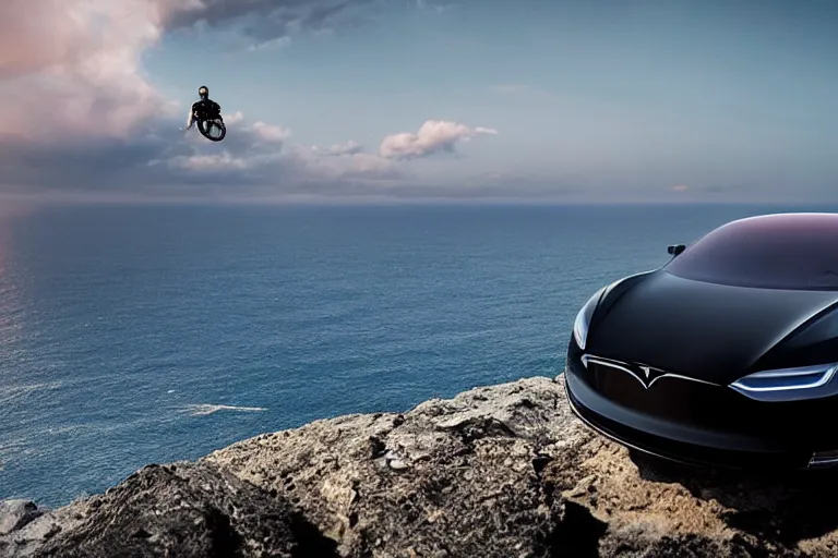 Image similar to photo of a gorgeous black model sitting on a Sci-fi Tesla on a cliff on the ocean By Emmanuel Lubezki