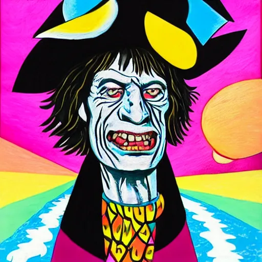 Image similar to mick jagger wearing a voodoo hat and a black cape, art by meow wolf