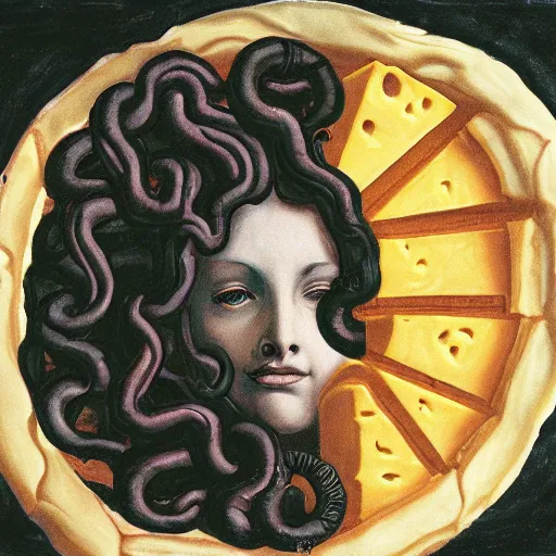 Image similar to medusa eating a large wheel of cheese, color film, photorealistic,