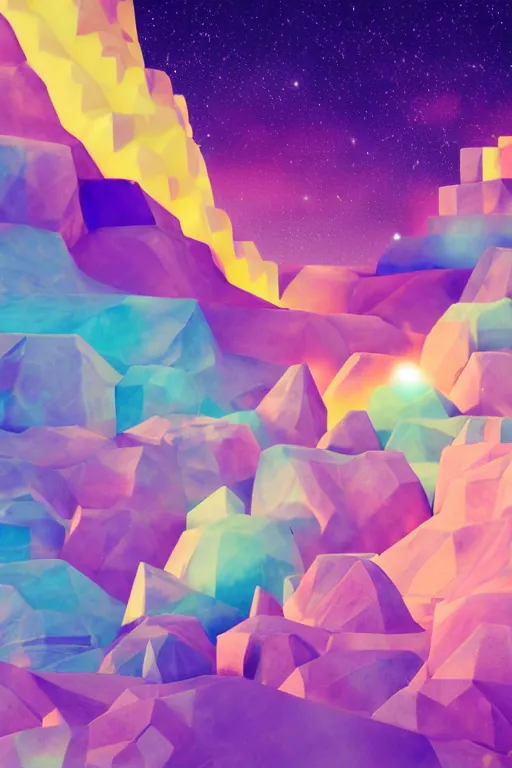 Image similar to geometric 3 d render soft bright pastel rainbow fireball mountains surrounding stars