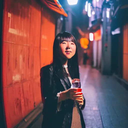 Prompt: portrait of a young japanese woman drinking a campari spritz in a tokyo alley at night, raining, photography