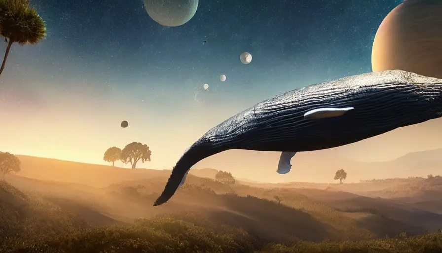 Image similar to highly detailed scifi render of a flying whale over the tuscany skies, cypresses and hills, stars and planets, hyper detailed, digital art, led lighting, studio quality, smooth render, unreal engine 5, octane render, trending on artstaion.