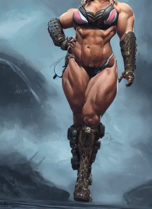 Image similar to detailed portrait of margot robbie as a thick female bodybuilder zarya from overwatch, attractive, beautiful, fantasy, intricate, elegant, highly detailed, digital painting, artstation, concept art, matte, sharp focus, illustration, art by aenaluck, artgerm and roberto ferri and greg rutkowski, epic fantasy, digital painting