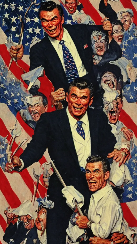 Image similar to satanic ronald regan, painting in the style of norman rockwell, 1 9 5 0 s, evil, satan, devil, demonic, demon, hyperrealistic, photorealistic, award - winning, 4 k, ultra hd, artstation, intricate, highly detailed, patriotic, american, usa, dark, gritty