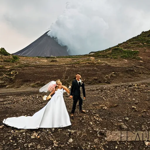 Image similar to a tornado in a wedding dress marrying a volcano in a wedding dress, professional wedding photography, 8 k photo