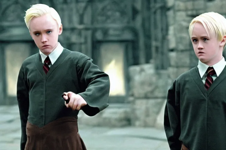 Image similar to film still Haley Joel Osment as Draco Malfoy wearing hogwarts uniform in Harry Potter movie