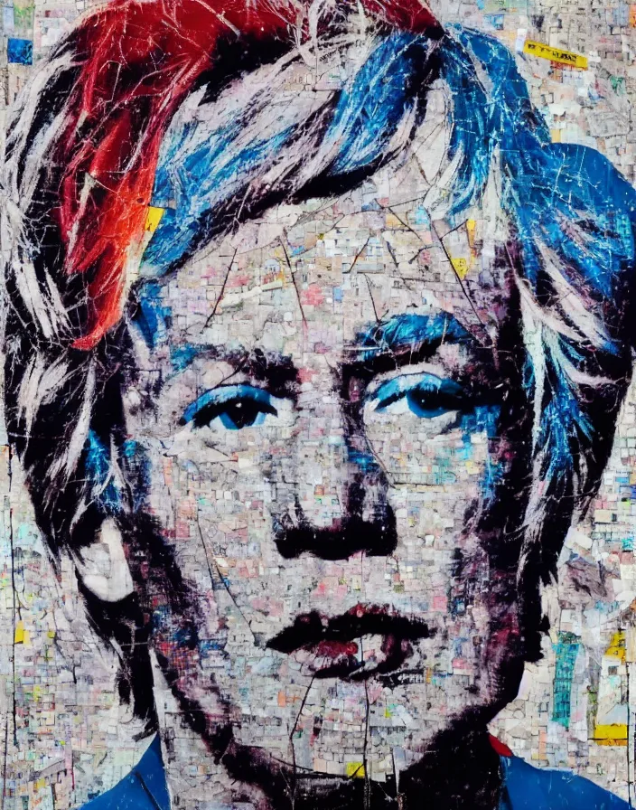 Prompt: portrait of andy warhol, detailed analogue mixed media collage with canvas texture in style of contemporary art, punk art, hyperrealistic beautiful face, photorealistic, expressionism, masterpiece, perfect composition, spectacular quality, intricate oil details, vivid broken glass, torn paper