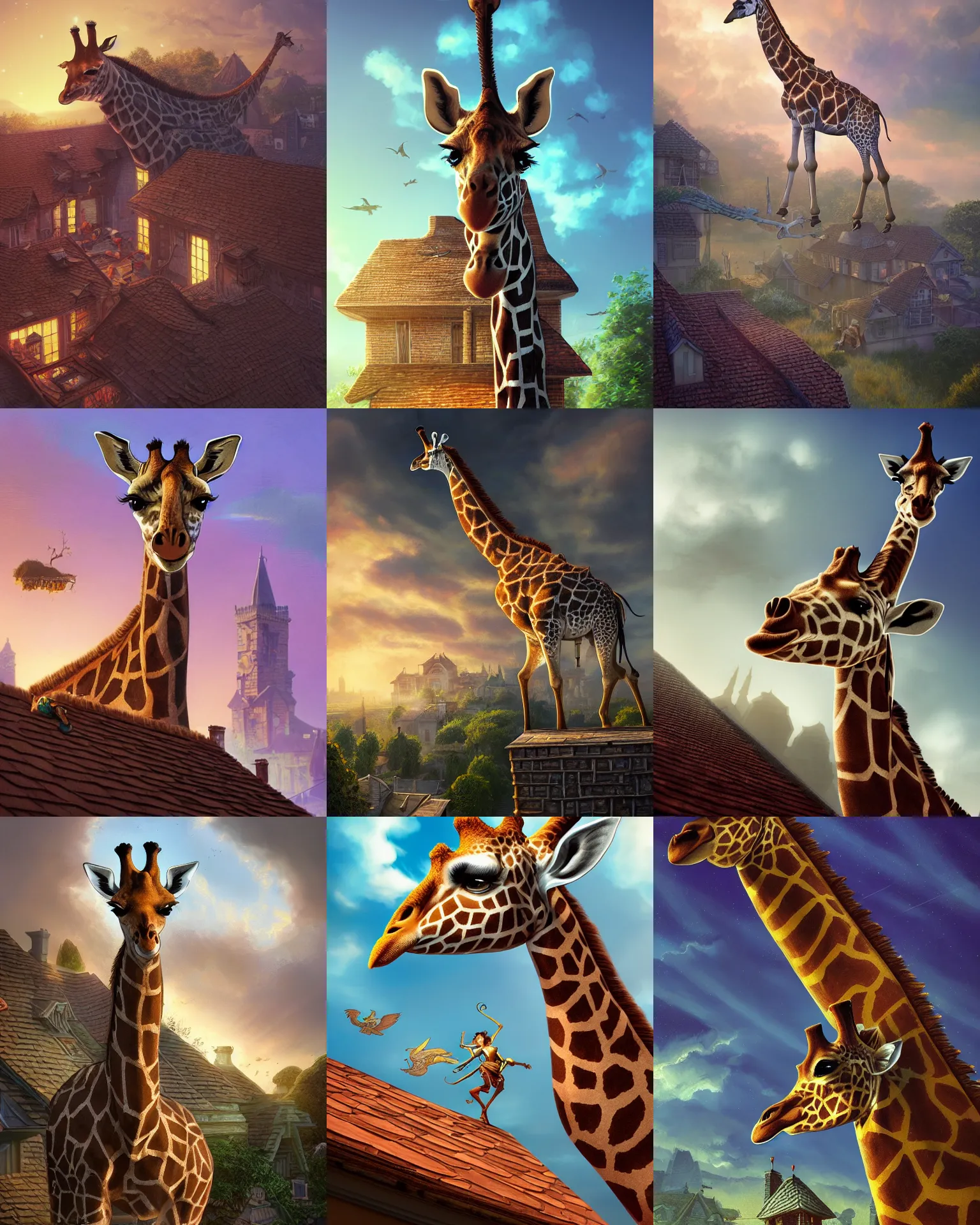 Prompt: kids fantasy sketch a giraffe on a house roof, fantasy, intricate, epic lighting, cinematic composition, hyper realistic, 8 k resolution, unreal engine 5, by artgerm, tooth wu, dan mumford, beeple, wlop, rossdraws, james jean, marc simonetti, artstation