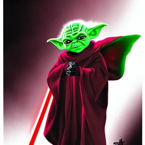 Image similar to portrait of evil yoda as a sith, red power, dark background by ross tran, dark side, imperial march, artwork by ralph mcquarrie + cory loftis