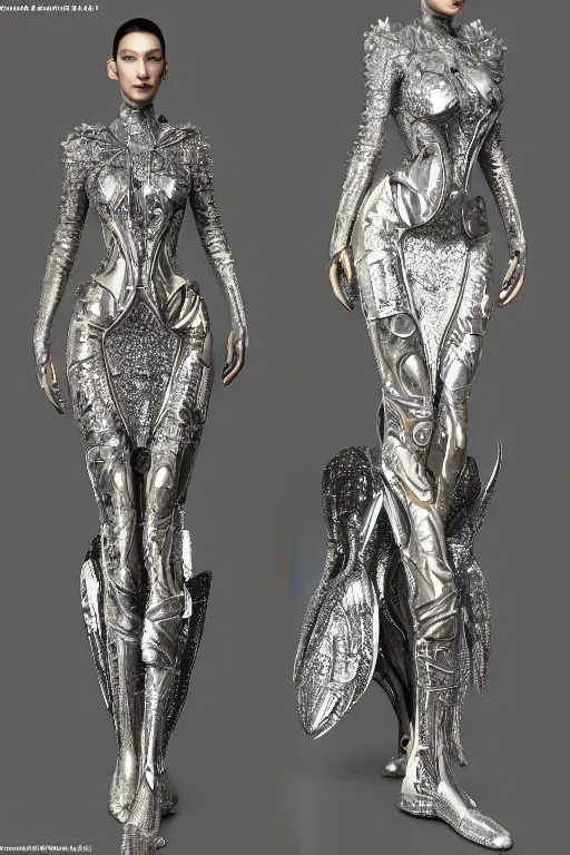 Image similar to a highly detailed metahuman 4 k render of an alien cyberpunk goddess bella hadid in iris van herpen dress schiaparelli in diamonds swarovski and jewelry in style of alphonse mucha gustav klimt trending on artstation made in unreal engine 4