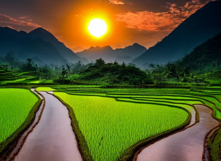 Image similar to a road between rice paddy fields, two big mountains in the background, big yellow sun rising between 2 mountains, indonesia national geographic, award winning dramatic photography