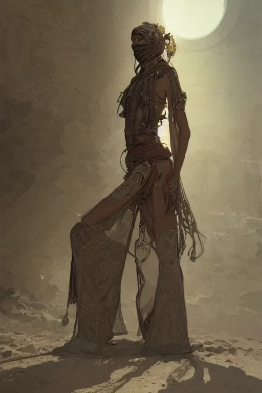 Image similar to a full body portrait of a beautiful post apocalyptic offworld desert bedouin blind beggar by the pool, intricate, elegant, highly detailed, digital painting, artstation, concept art, smooth, sharp focus, illustration, art by krenz cushart and artem demura and alphonse mucha